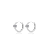 Fine jewellery, silver jewellery, hypoallergenic, tarnish-free, close-up left view of a pair of Silver hoop earrings with embedded stones on a white background